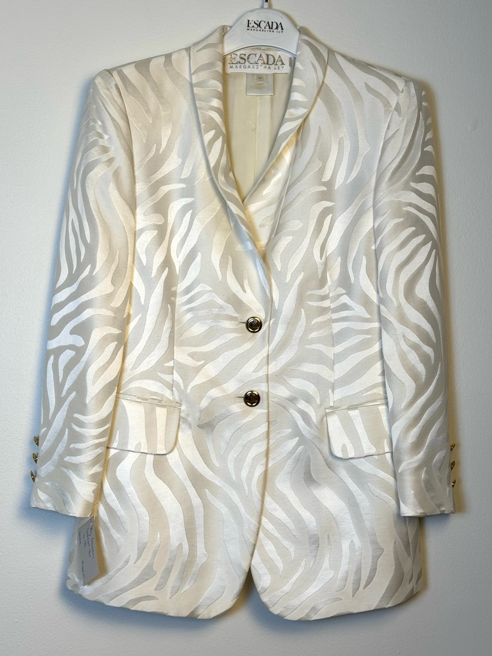 Vintage Escada Margaretha Ley Silk Zebra Blazer Jacket Cream White Gold 38